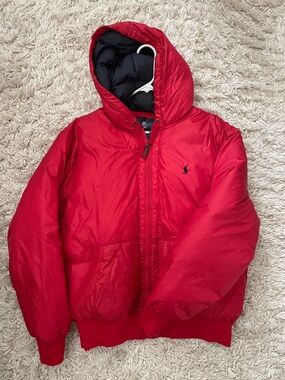 Ralph Lauren Red Hooded Puffer Jacket with Navy Interior